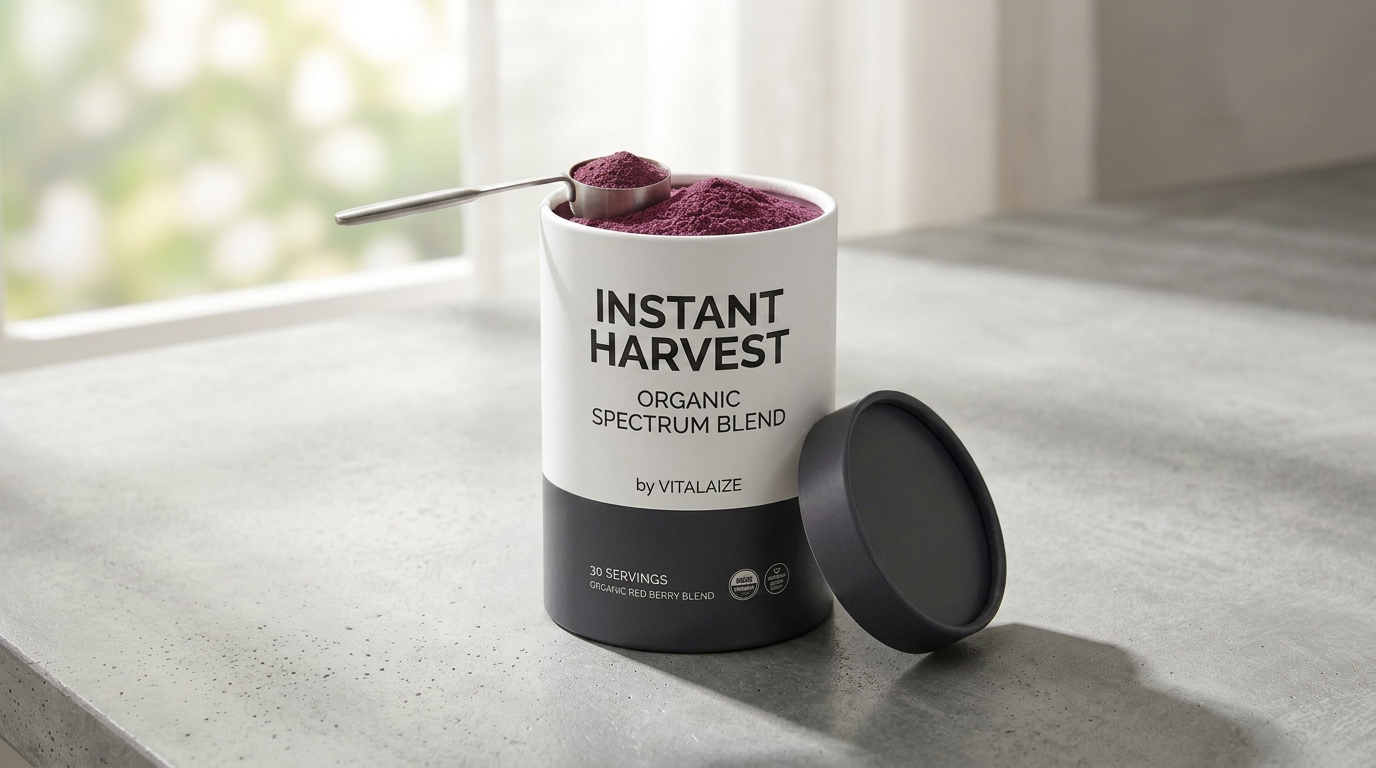 Instant Harvest Organic Spectrum Blend tin with a scoop of red berry powder