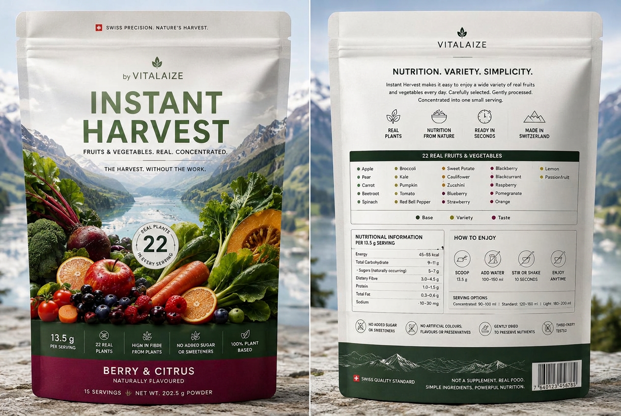 Instant Harvest Berry & Citrus pouch, front and back, showing 22 real fruits and vegetables