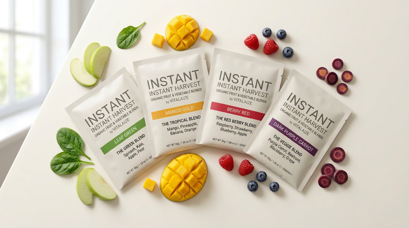 The four Instant Harvest sachet blends — Leaf Green, Mango Gold, Berry Red and Dark Purple Carrot — with fresh produce
