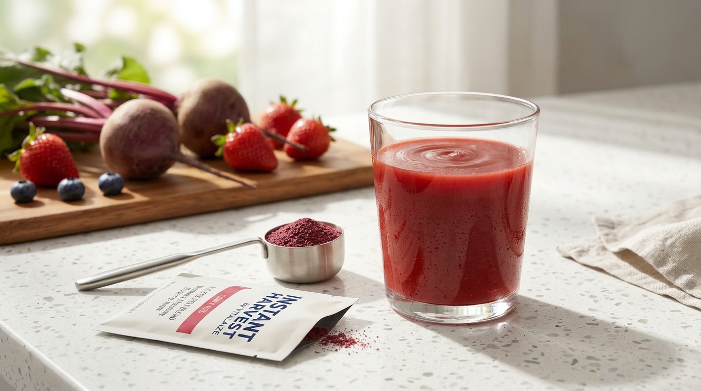 A glass of prepared Instant Harvest beside fresh beetroot and strawberries