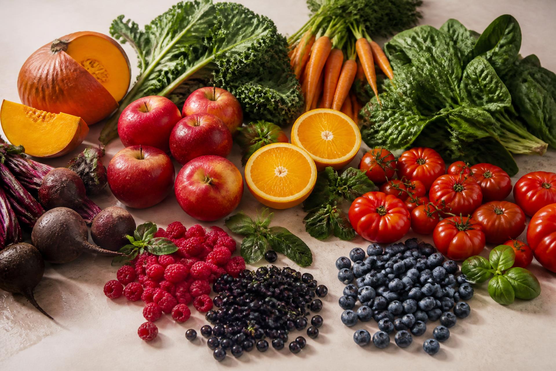 An abundance of fresh organic fruits and vegetables on an ivory surface
