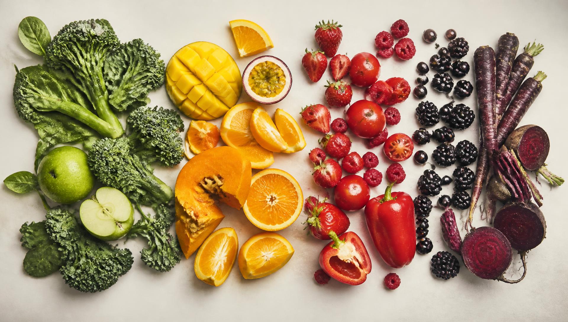 Fresh produce arranged in colour bands: greens, golds, reds and purples